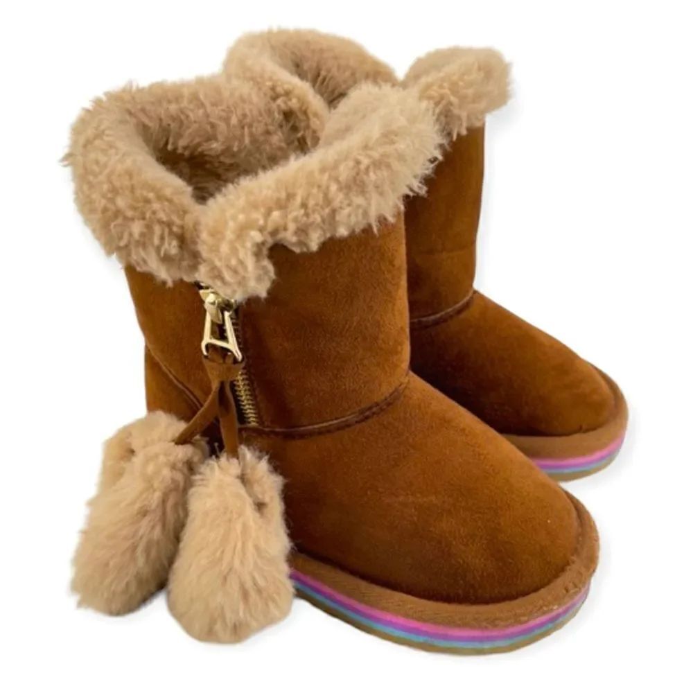 Sugar Lil Fluffy Tan Toddler Girl’s Zipper Pom Pom Faux Fur Slipper Boots Size 7